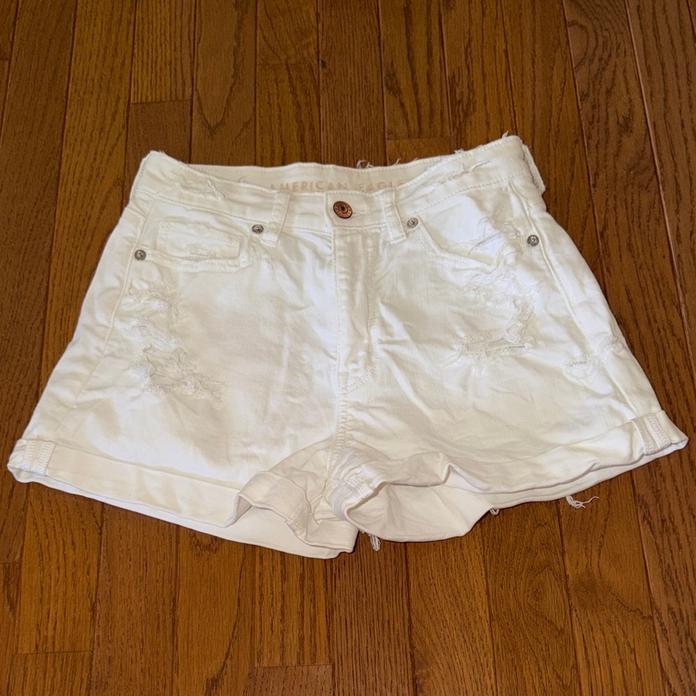 American Eagle Outfitters White Rolled-Hem Distressed Denim Shorts